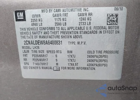 2010 Chevrolet Equinox Lt z USA, uszkodzony, nr VIN 2CNALDEW8A6400831